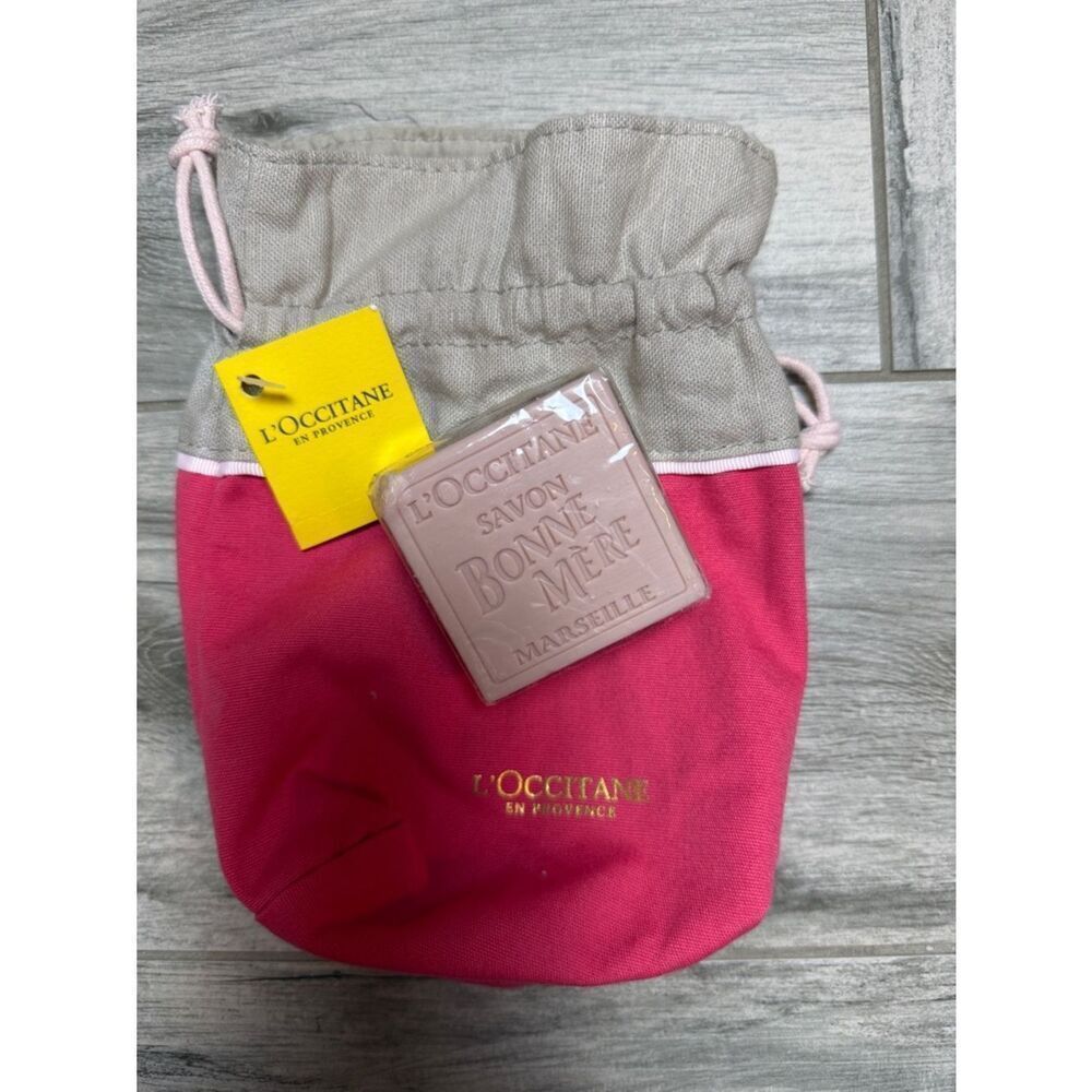 L'OCCITANE Pink and Beige Drawstring Pouch with Bonne Mère Soap